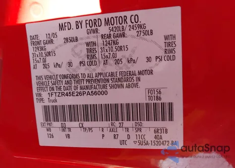 2006 Ford Ranger from USA, damaged, VIN 1FTZR45E26PA56000